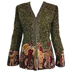 Vintage Mary McFadden Green Boucle Sequined Embroidered Beaded Jacket Blazer