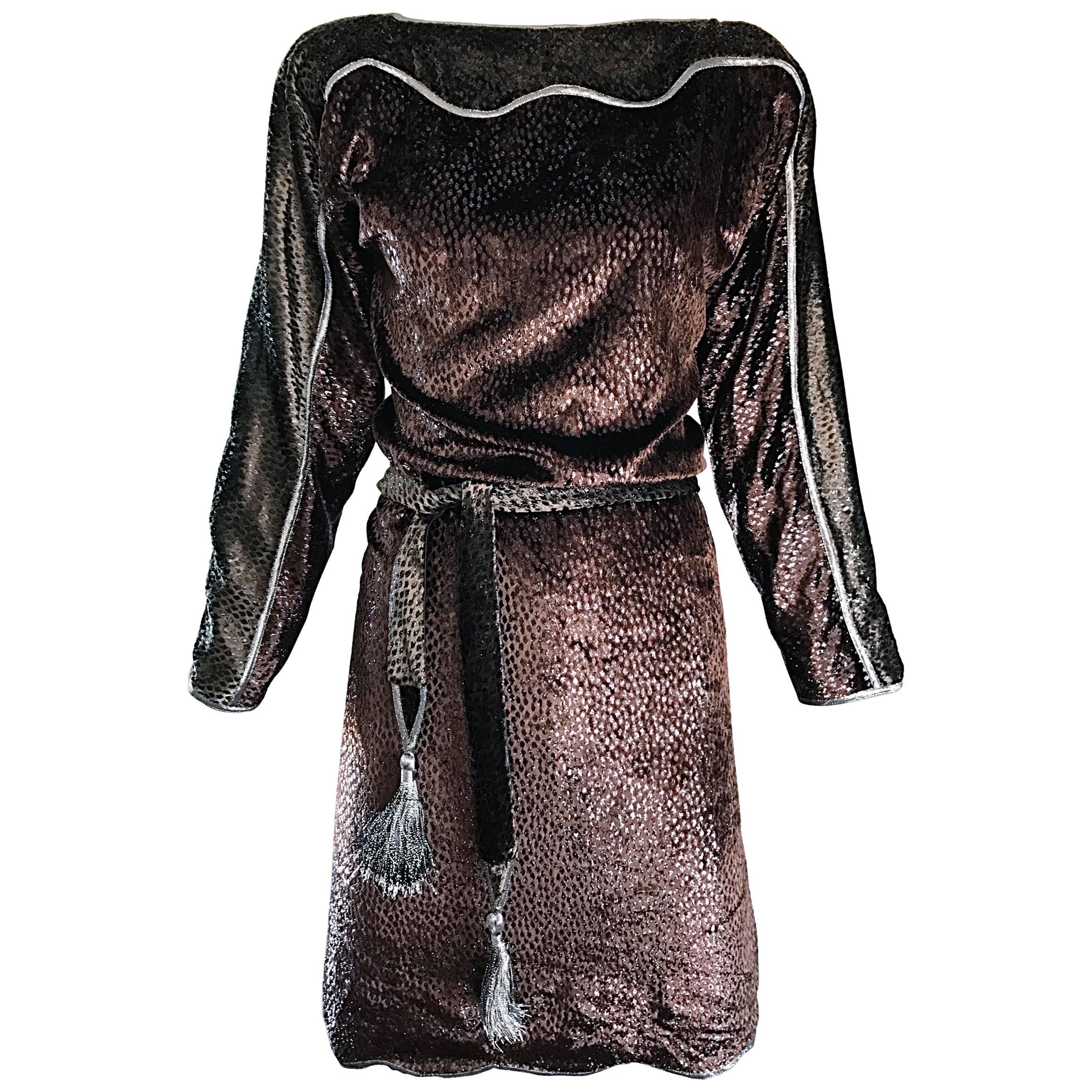 Geoffrey Beene Vintage Brown Silk Burnt Out Velvet Tassel Belt Long Sleeve Dress For Sale