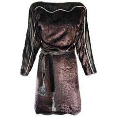 Geoffrey Beene Vintage Brown Silk Burnt Out Velvet Tassel Belt Long Sleeve Dress