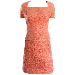 VIntage James Galanos NWT $4,370 Pink Coral Silk Burntout Velvet Chic Dress Suit 6