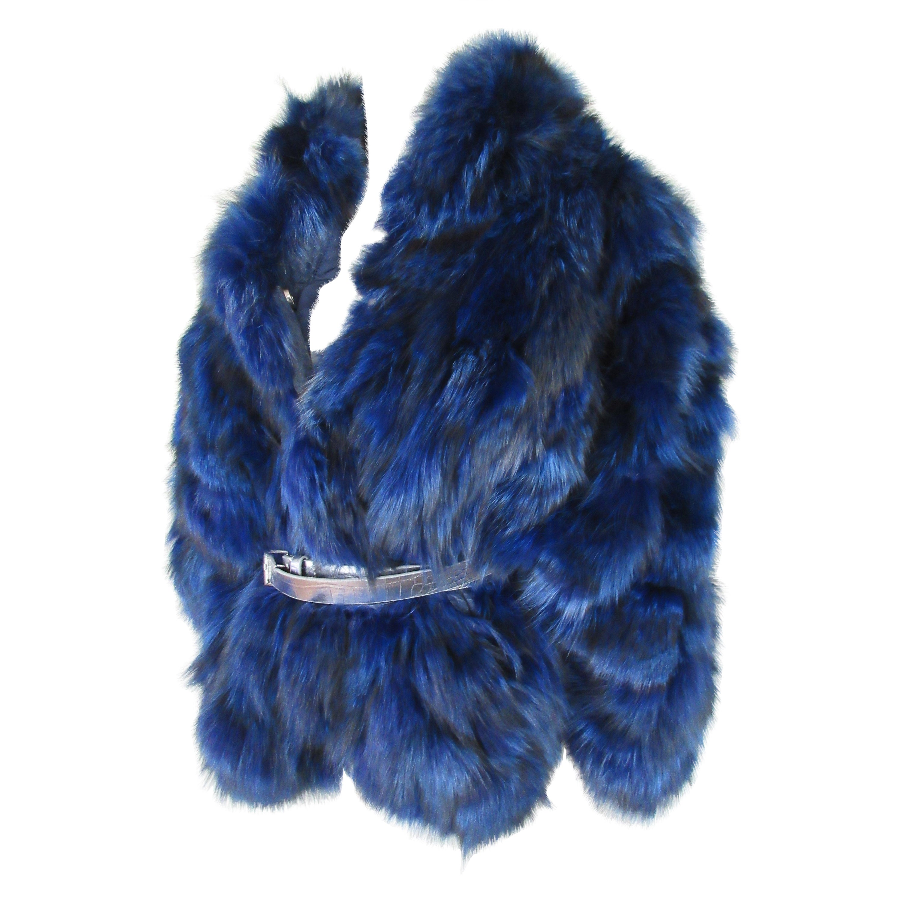 Electric Blue Fox Fur Jacket For Sale