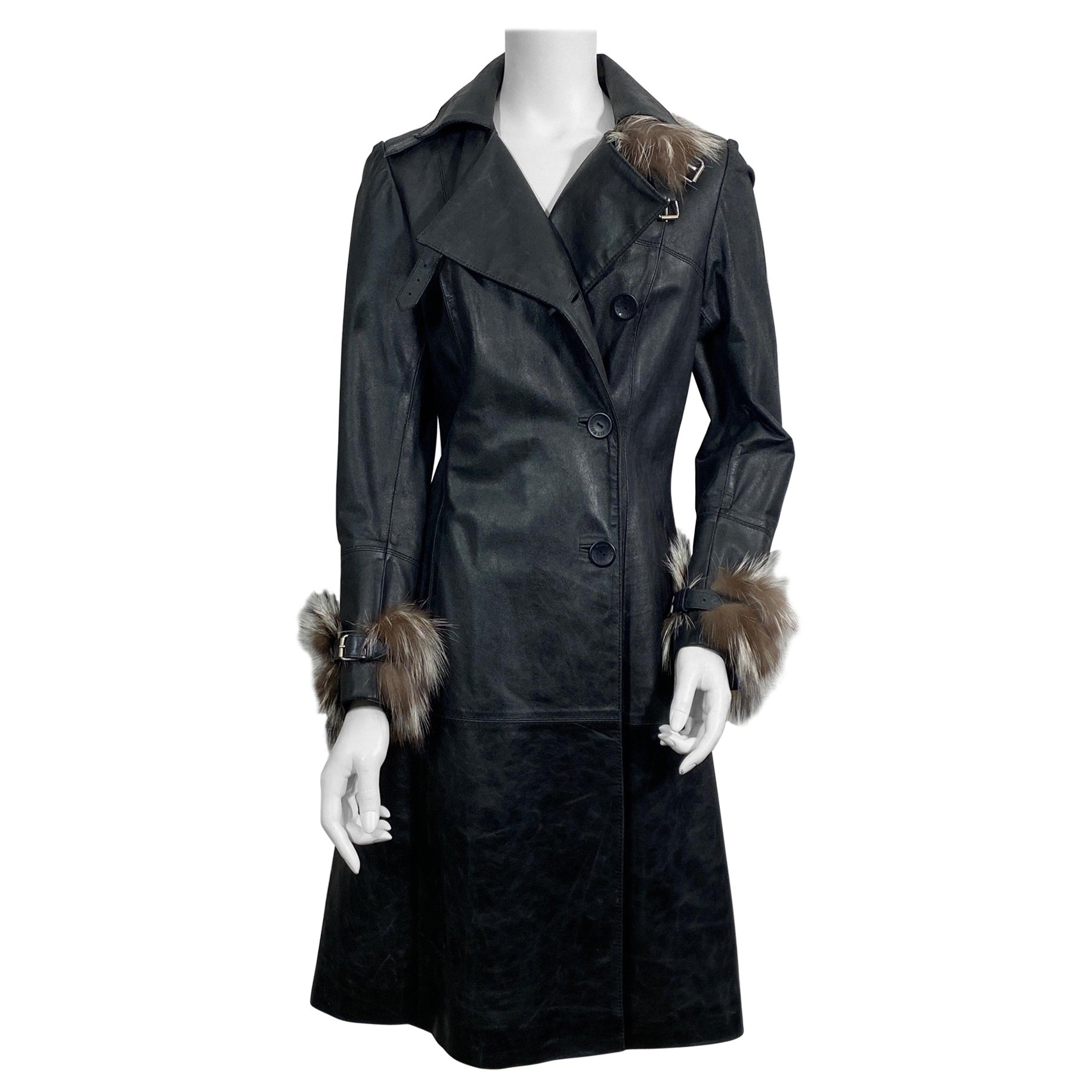 Jean Claude Jitrois Black Nappa Leather Coat with Fox-Size 38 For Sale