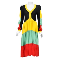 Vintage 1970 Ossie Clark Vogue Documented Traffic-Light Block Color Crepe Dress