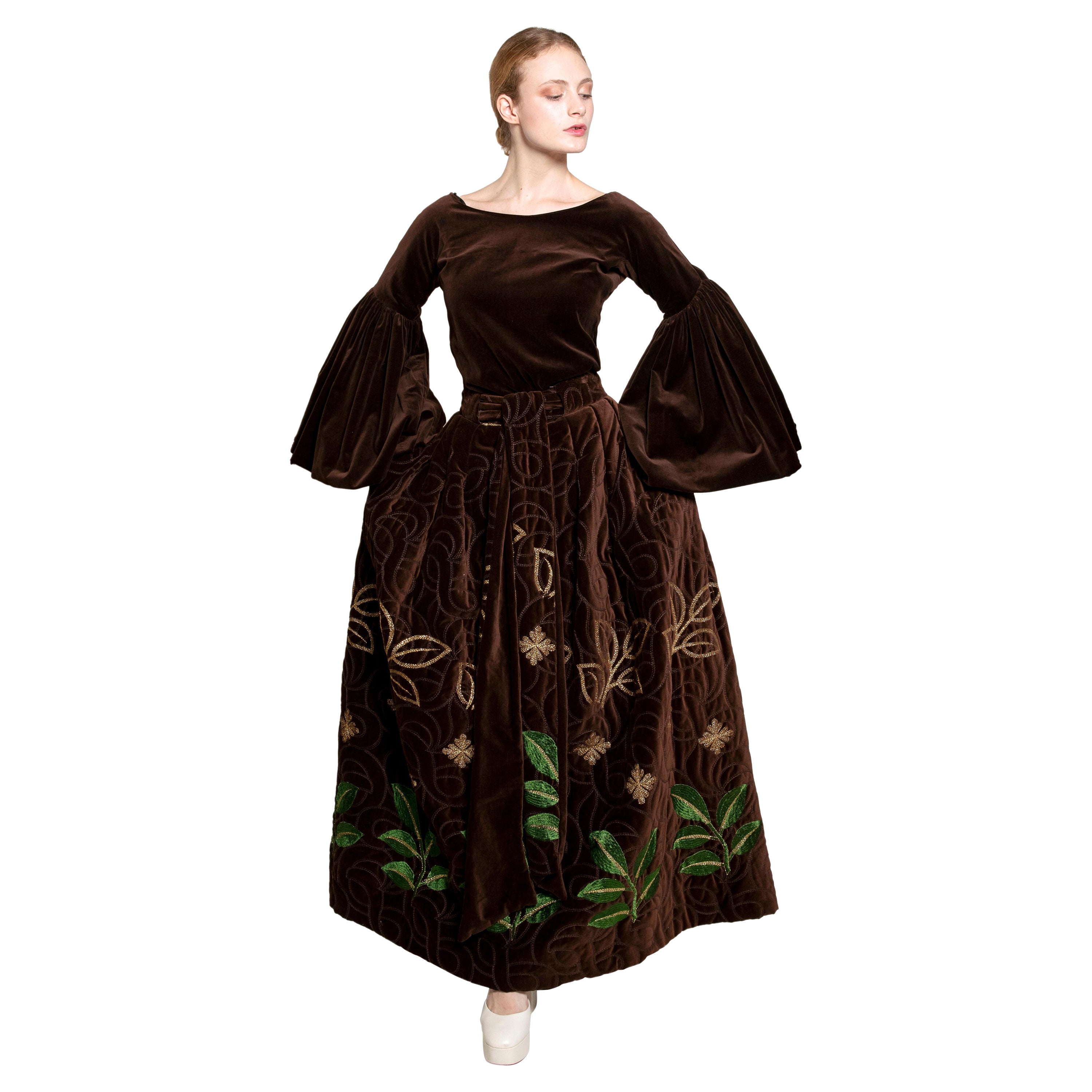 Adolfo 1969 Choc Brn Velvet Embroidered Skirt Set For Sale