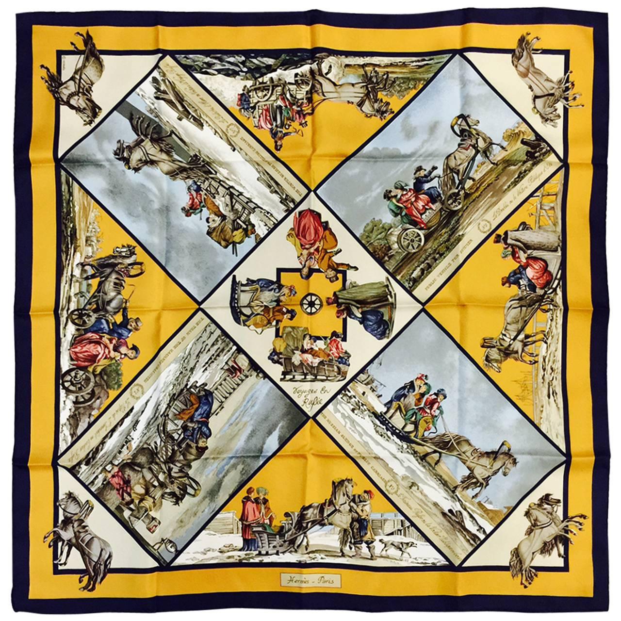 Hermes Old Gold and Navy Voyage en Russie Silk Twill Scarf by Loic Dubigeon