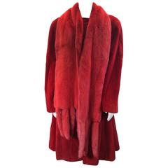 Mary McFadden Red Sheared Mink Swing Coat with Scarf