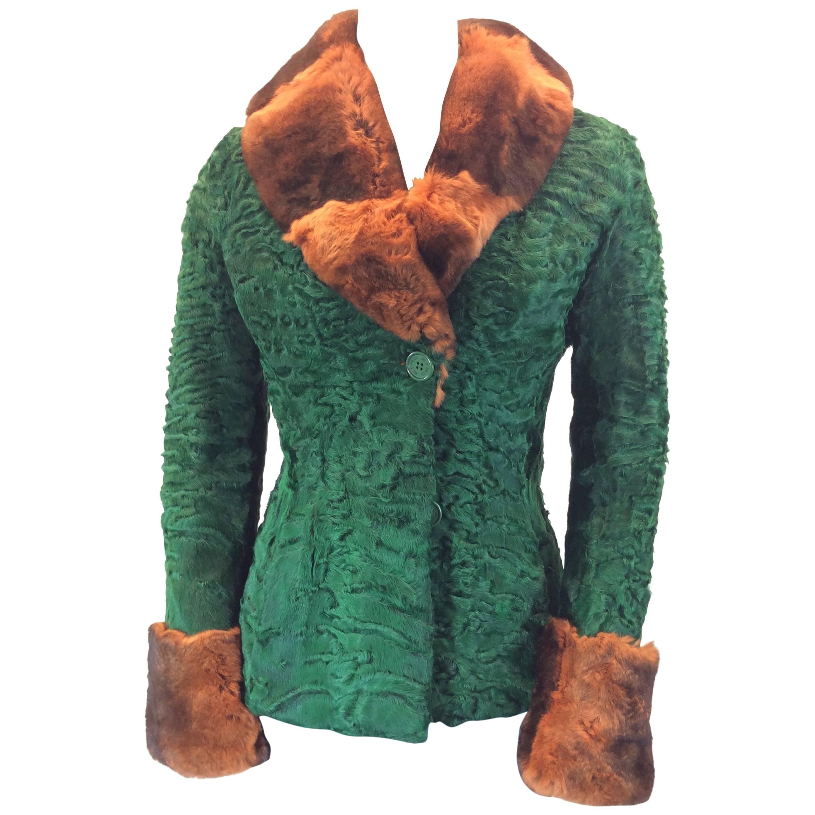 Etro Green and Burnt Sienna Persian Lamb with Mink Collar Coat For Sale