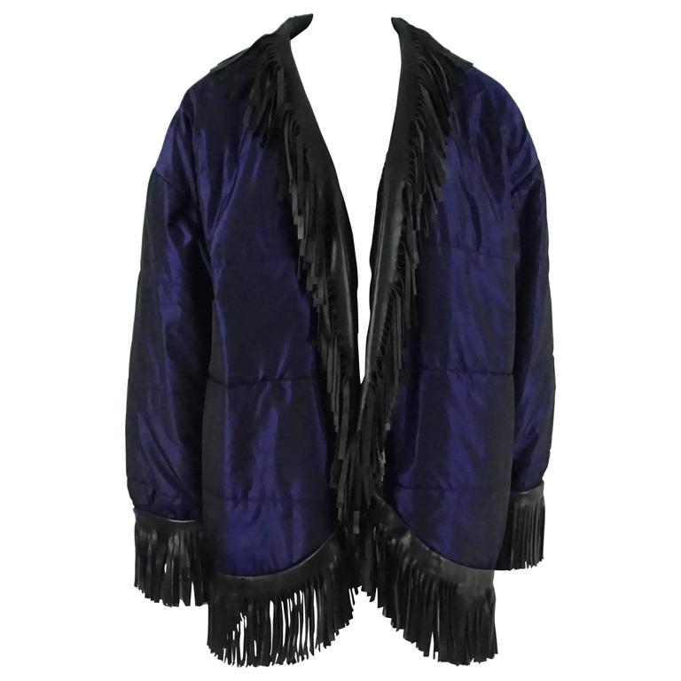 YSL Blue Puffer Coat with Black Fringe Trim - 40 - 1980's For Sale at ...