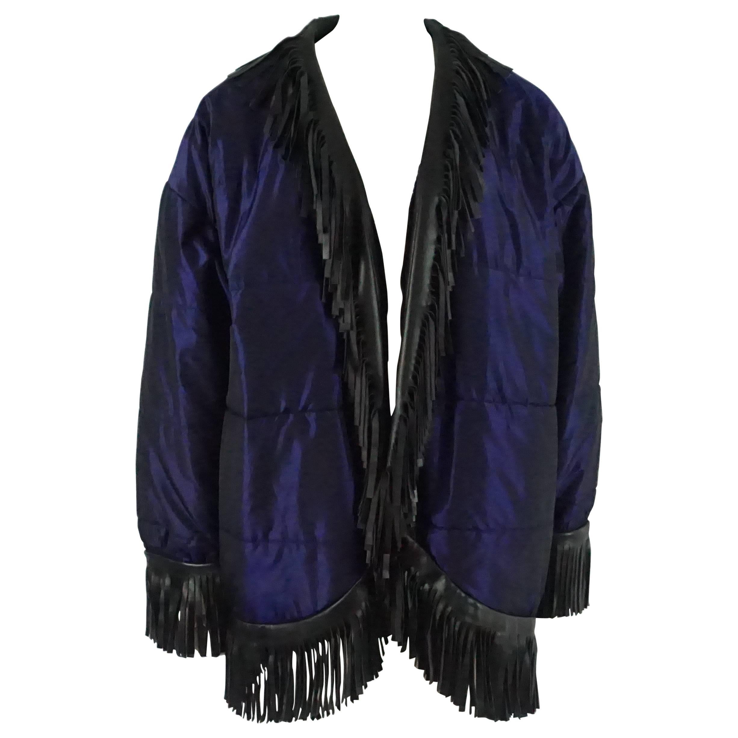 YSL Blue Puffer Coat with Black Fringe Trim - 40 - 1980's