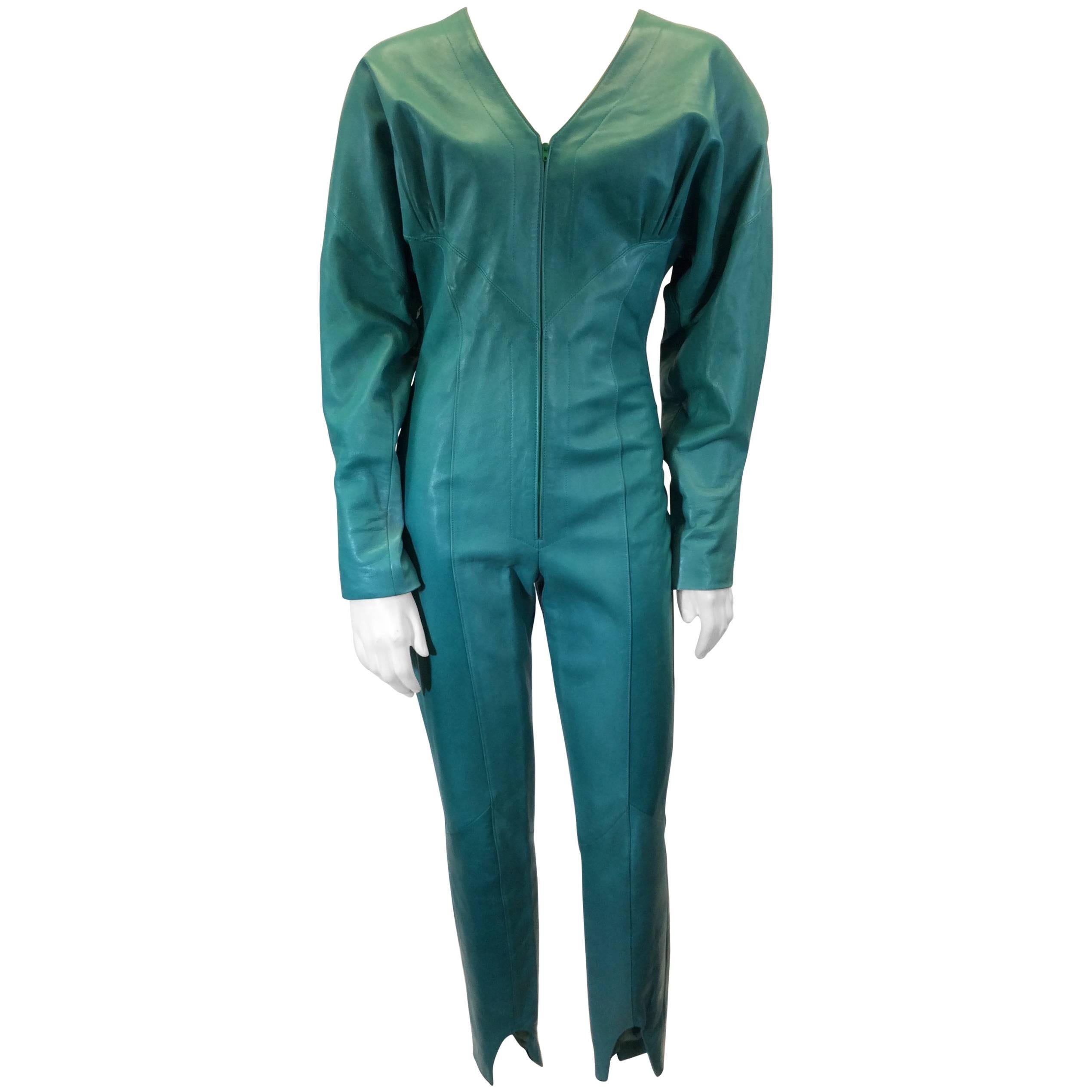 Jean Claude Jitrois Teal Vintage Leather Full Body Jumpsuit For Sale