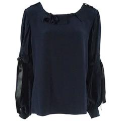 Oscar de la Renta Navy Silk Long Sleeve Top with Ties - L