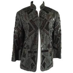 Brioni Grey Silk Jacket with Earthtone Beading - 42