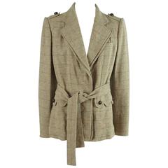 YSL Rive Gauche Tan Windowpane Jacket with Belt - 42 7