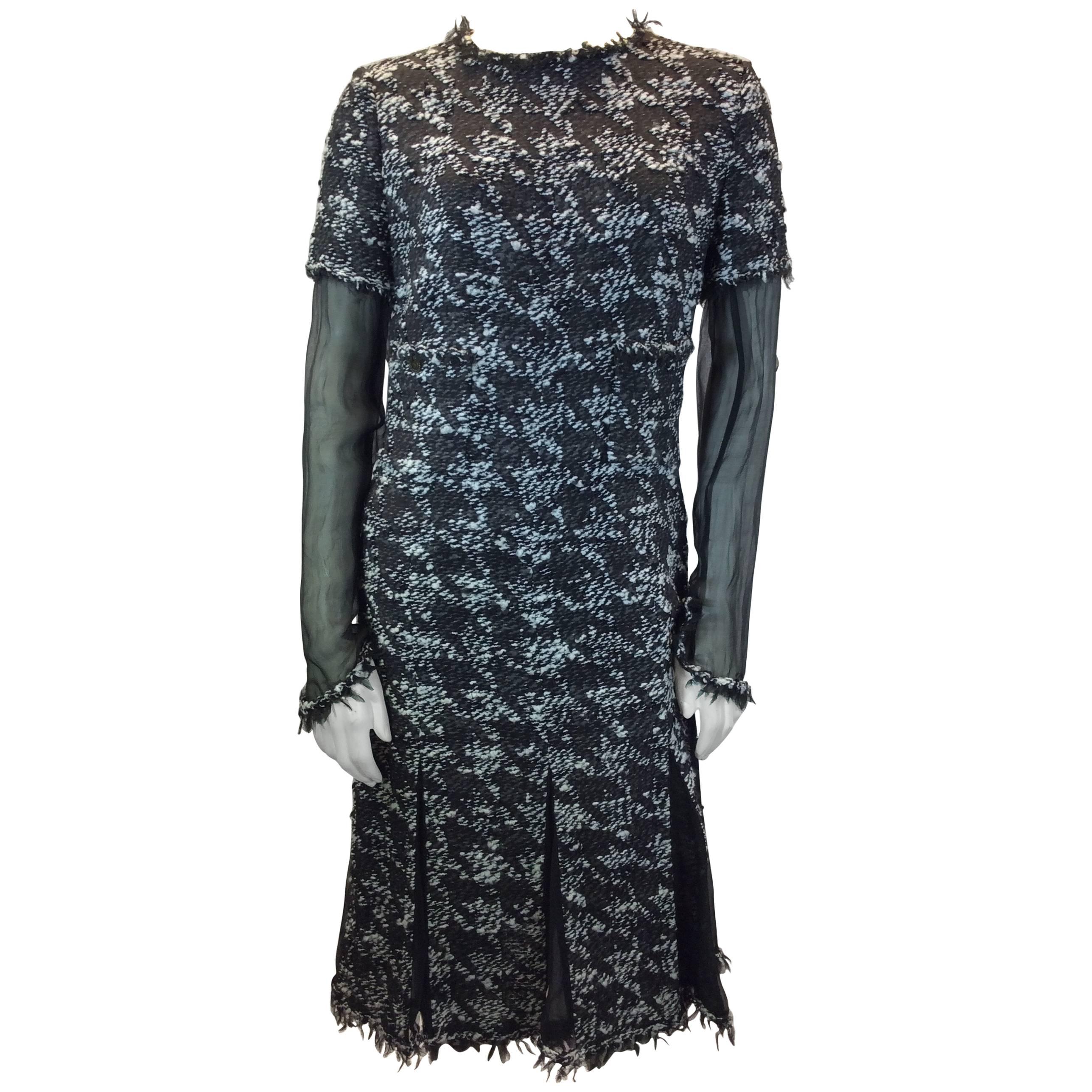 Chanel Black and White Houndstooth Tweed Dress with Sheer Sleeves For Sale