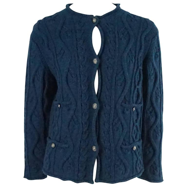 Chanel Blue Cashmere Cable Knit Cardigan - 42 at 1stDibs