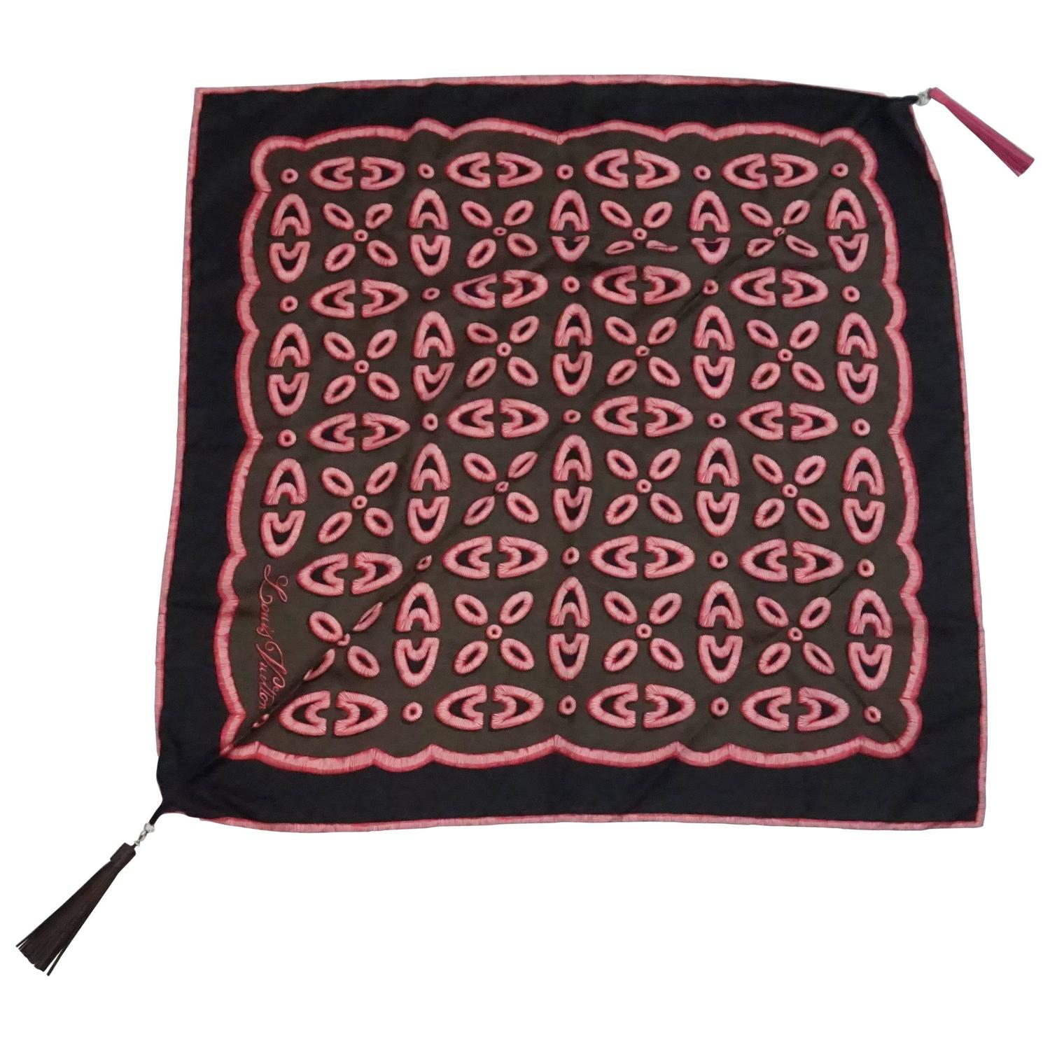 Louis Vuitton Pink, Black, and Brown Silk Print Scarf with Tassels For Sale at 1stdibs