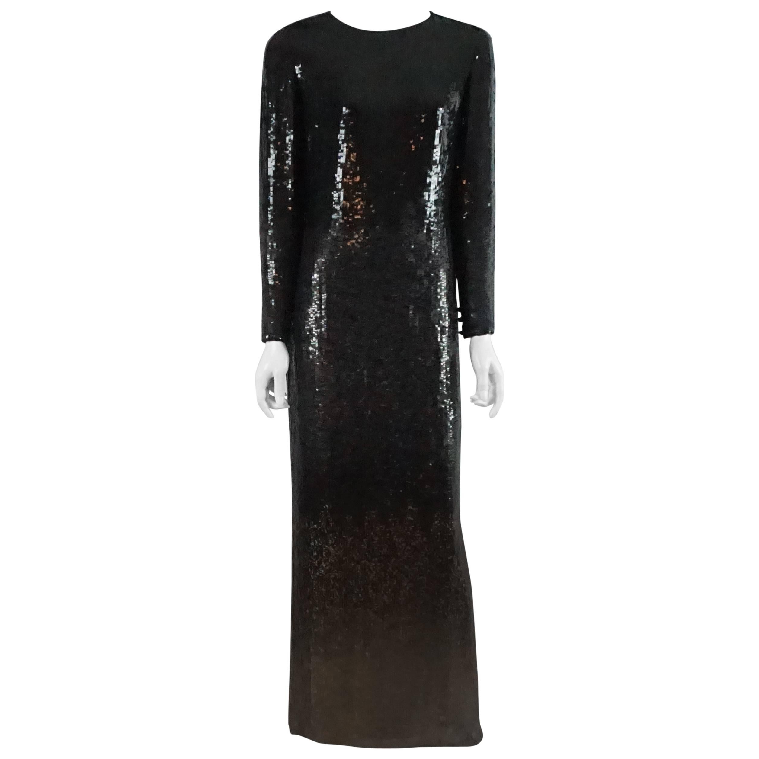 Bill Blass Black and Bronze Sequin Long Sleeve Gown - 10 - 1970's 