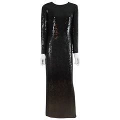 Vintage Bill Blass Black and Bronze Sequin Long Sleeve Gown - 10 - 1970's 