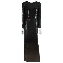 Bill Blass Black and Bronze Sequin Long Sleeve Gown - 10 - 1970's