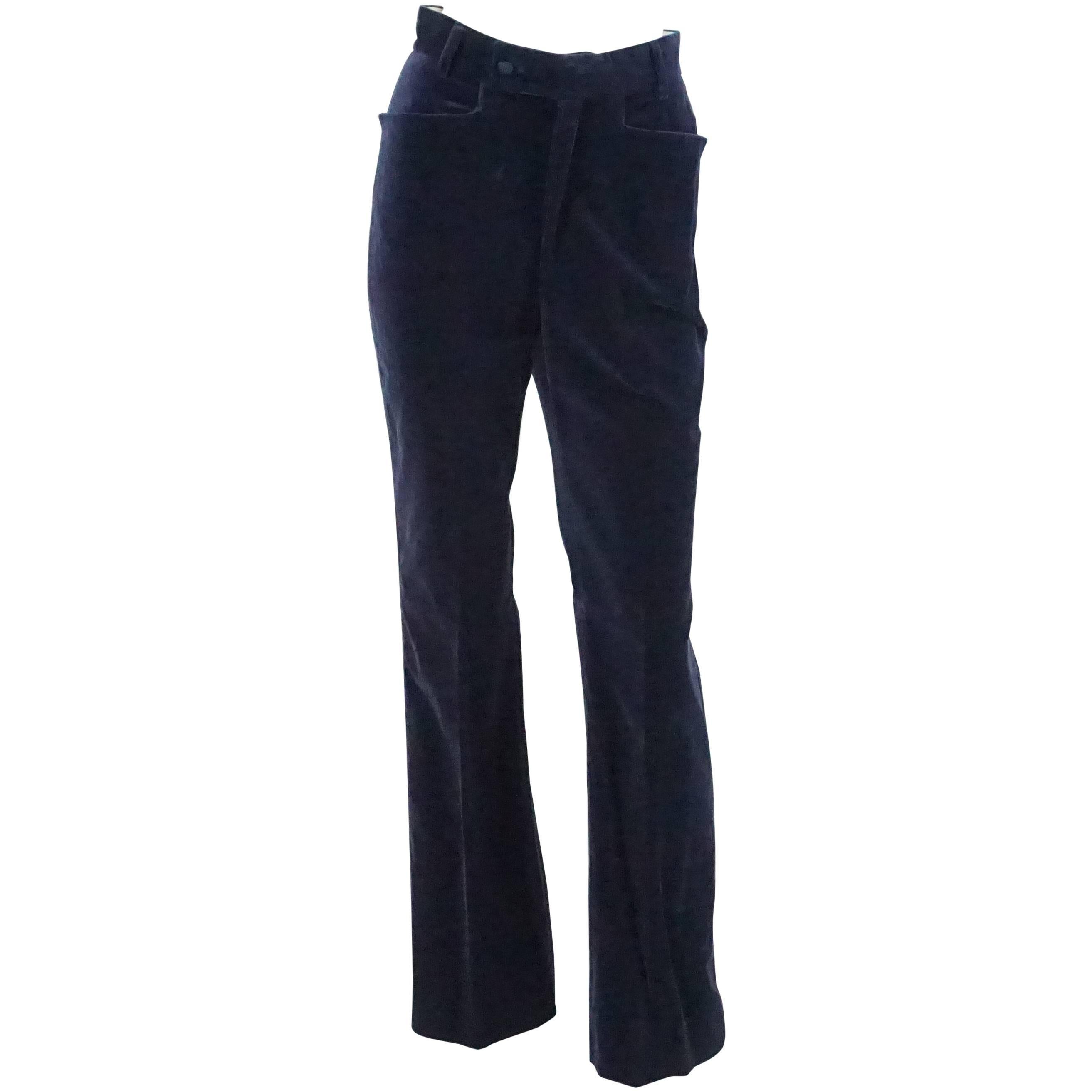 Gucci Navy Velvet High Waisted Pants with Silk Sides - 42 - 1990's  For Sale