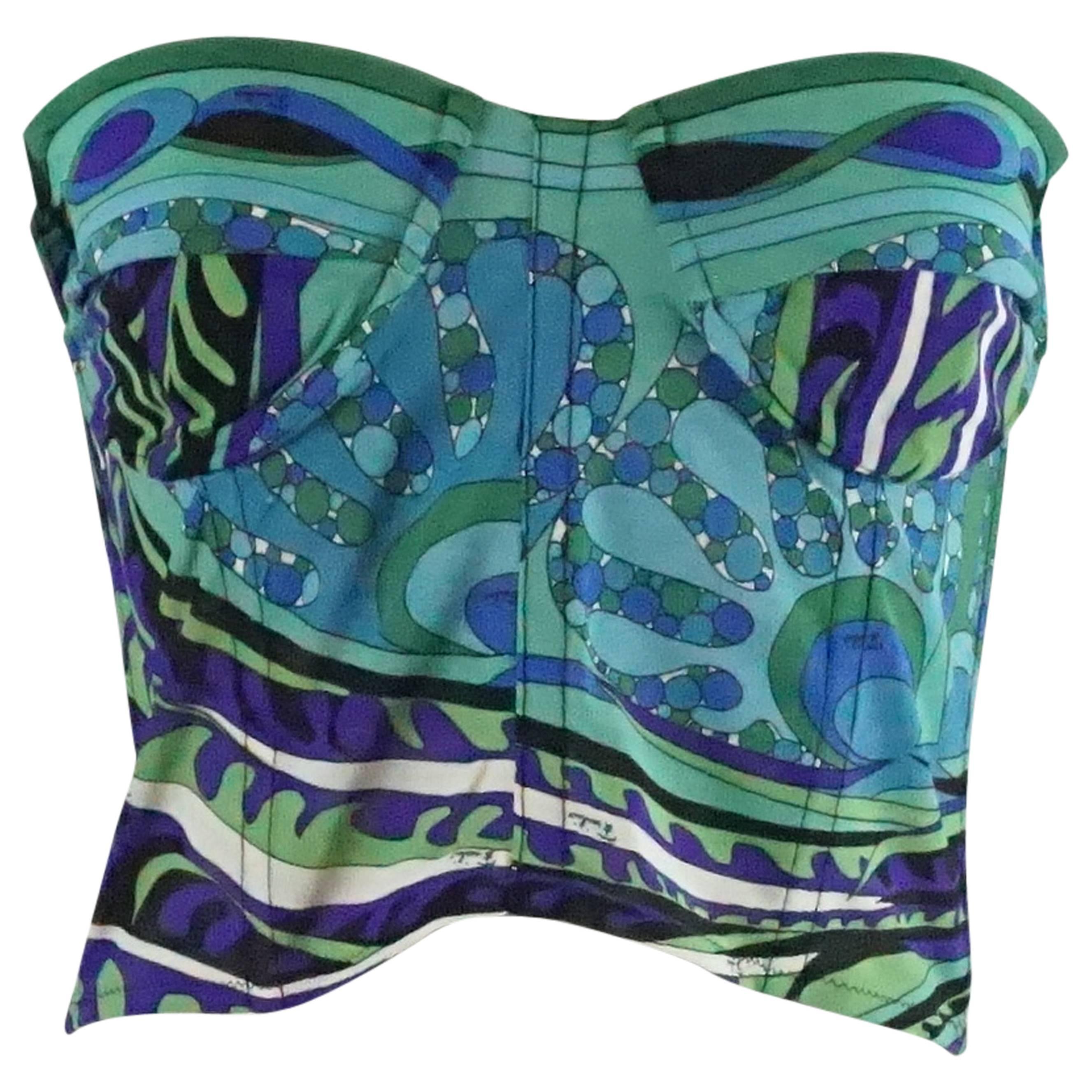 Emilio Pucci Blue & Green Print Mesh Bustier Top - M - 1970's 