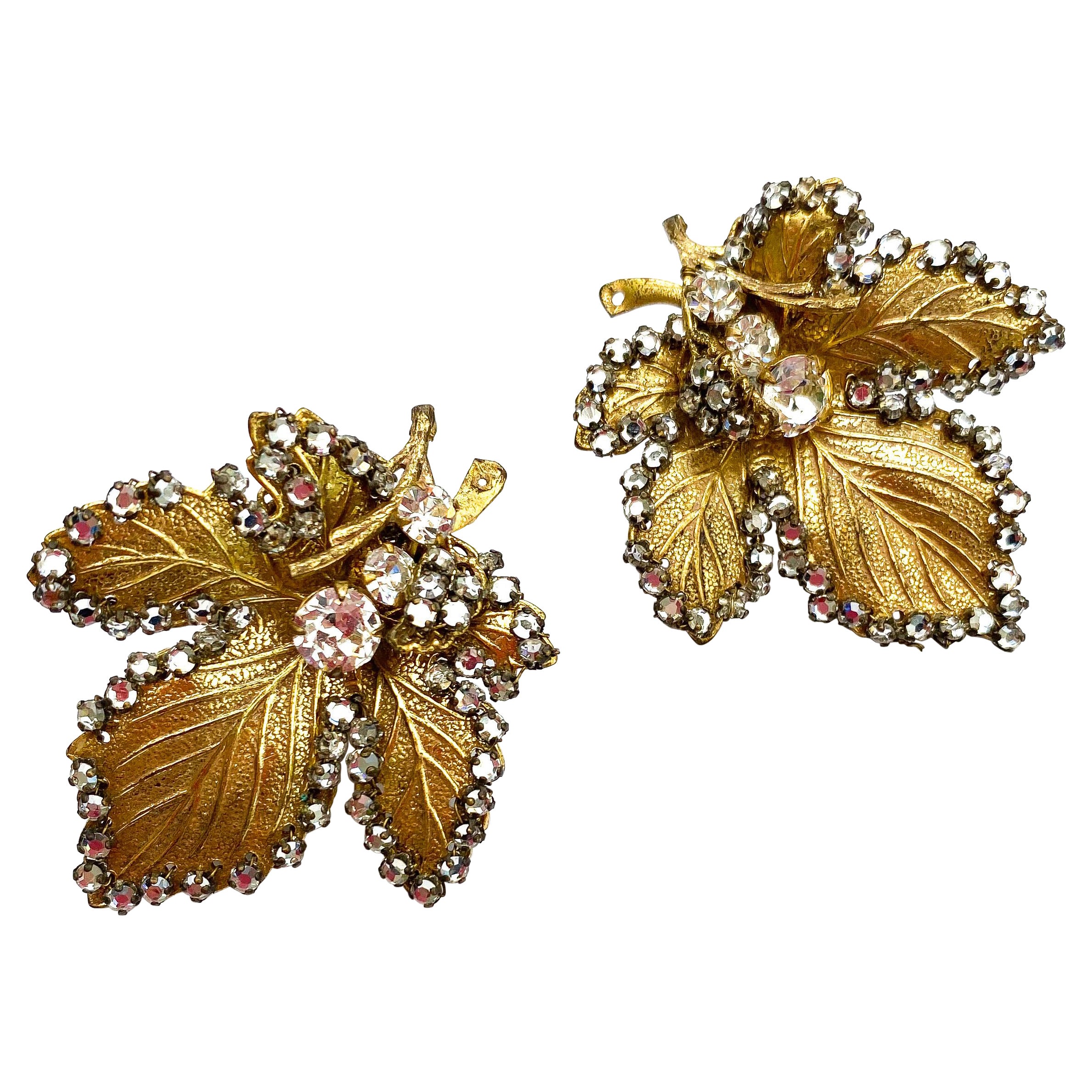 A magnificent pair of gilt/rose montes 'leaf' earrings, Miriam Haskell, 1960s. For Sale