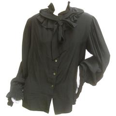 Saint Laurent Rive Gauche Black Ruffled Silk Blouse c 1970s 1