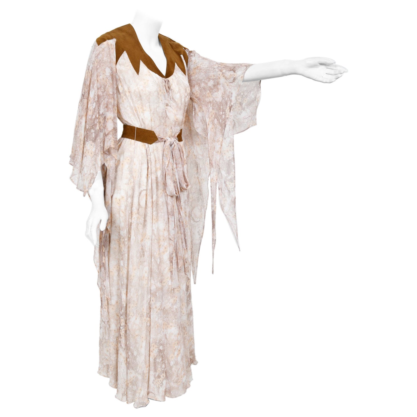 Vintage 1970s Giorgio Sant' Angelo Watercolor Chiffon & Suede Angel-Sleeve Dress For Sale