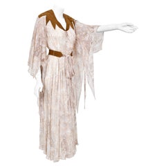 Vintage 1970er Giorgio Sant' Angelo Aquarell Chiffon & Wildleder Kleid mit Engelsärmeln Angel-Sleeve