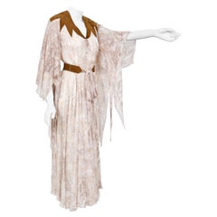 Vintage 1970s Giorgio Sant Angelo Watercolor Chiffon & Suede Angel-Sleeve Bohemian Dress