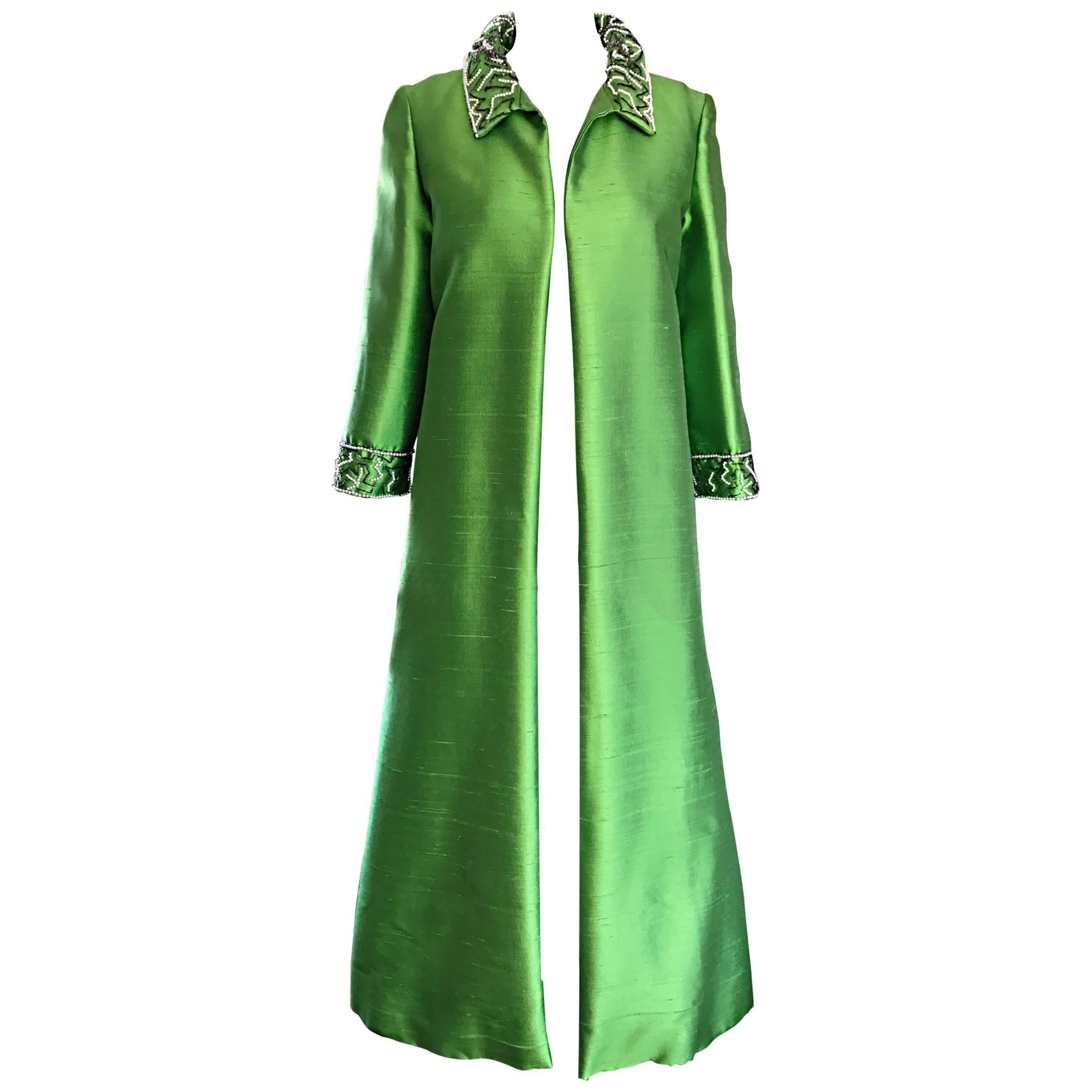 Amazing 1960s Vintage Green Silk Shantung Beaded Long Evening Opera Coat  Jacket