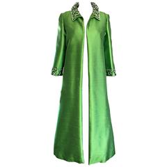 Amazing 1960s Vintage Green Silk Shantung Beaded Long Evening Opera Coat Jacket 5