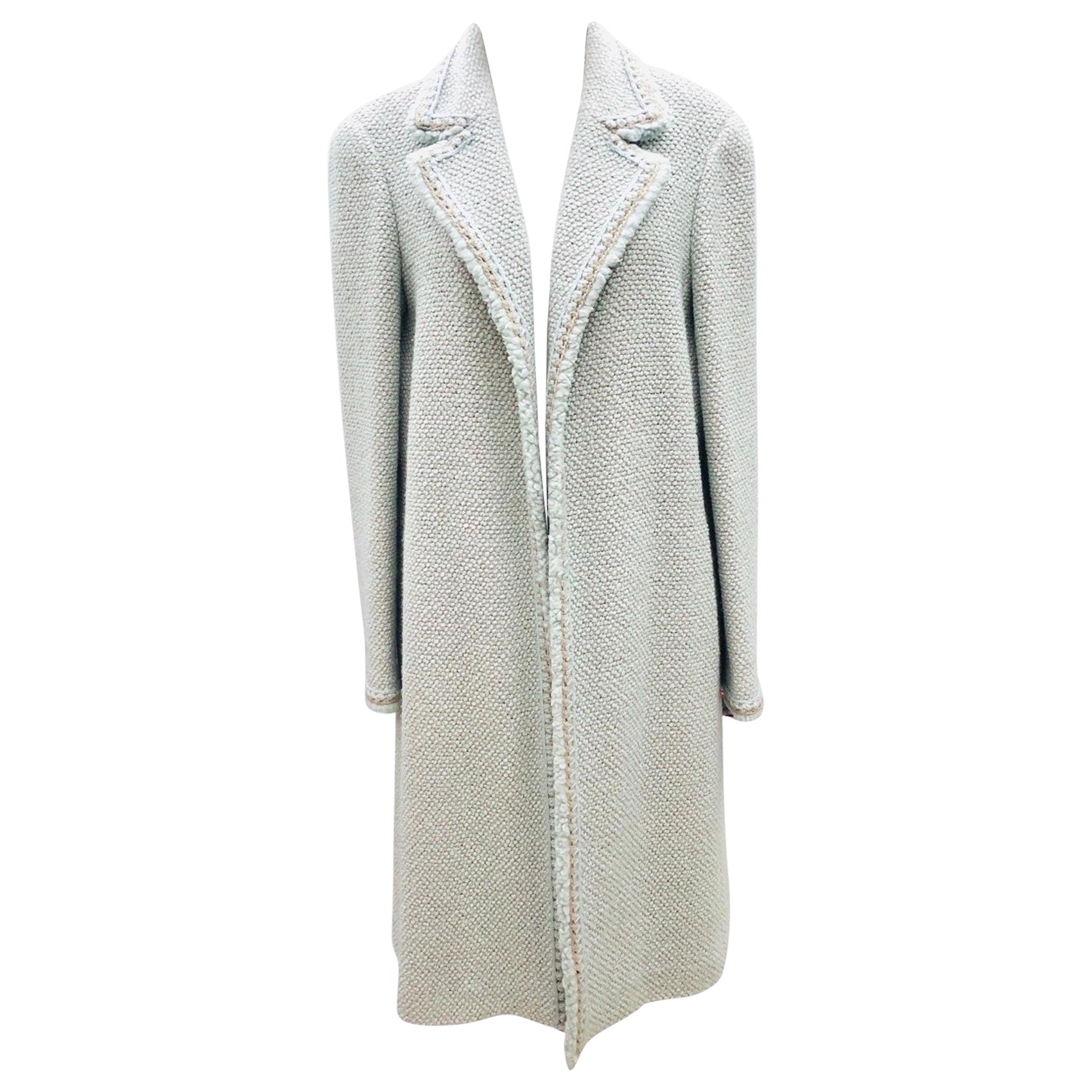 Chanel Blue Green and Taupe Long Wool Tweed Coat  For Sale