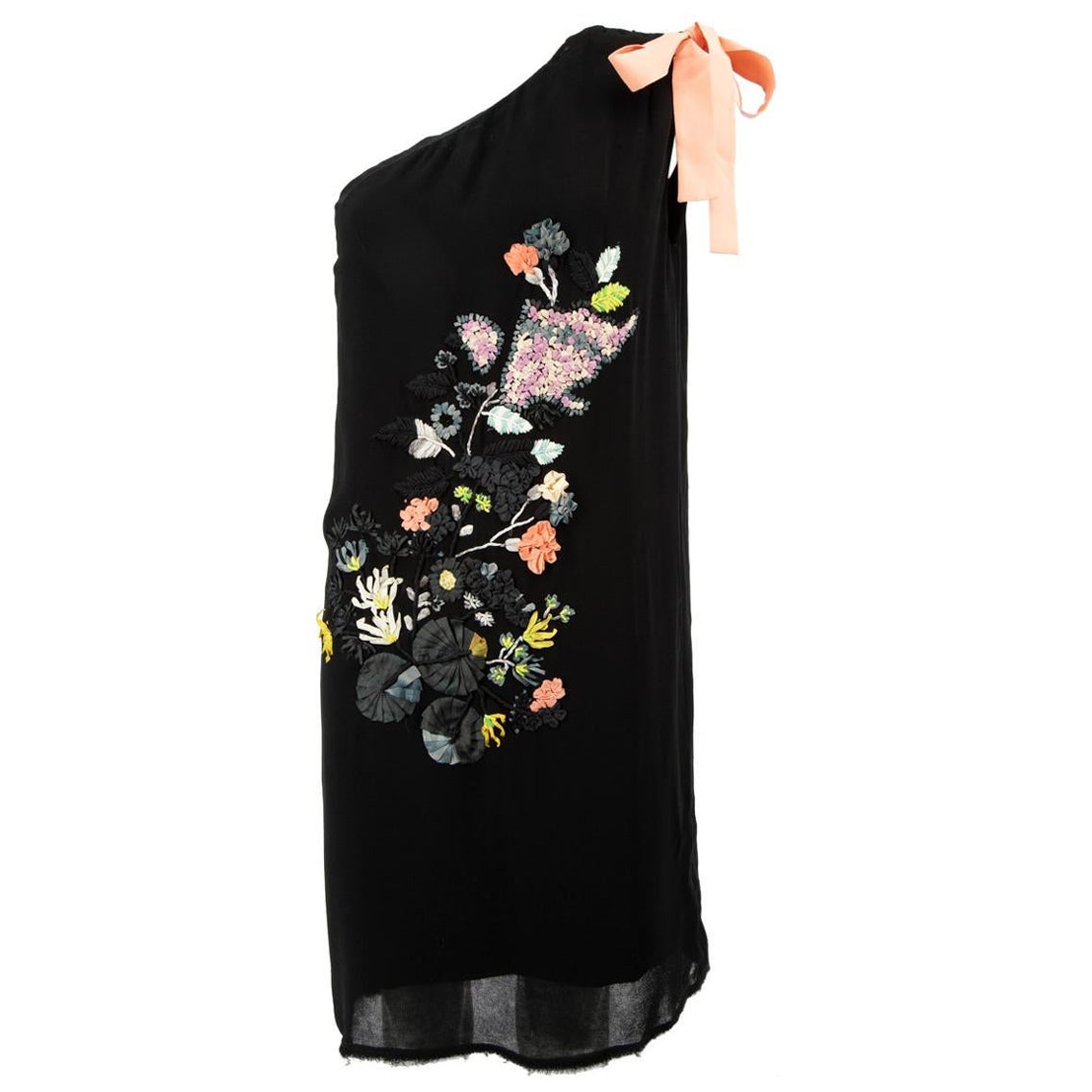 Fendi Black One Shoulder Floral Embroidery Dress Size M For Sale