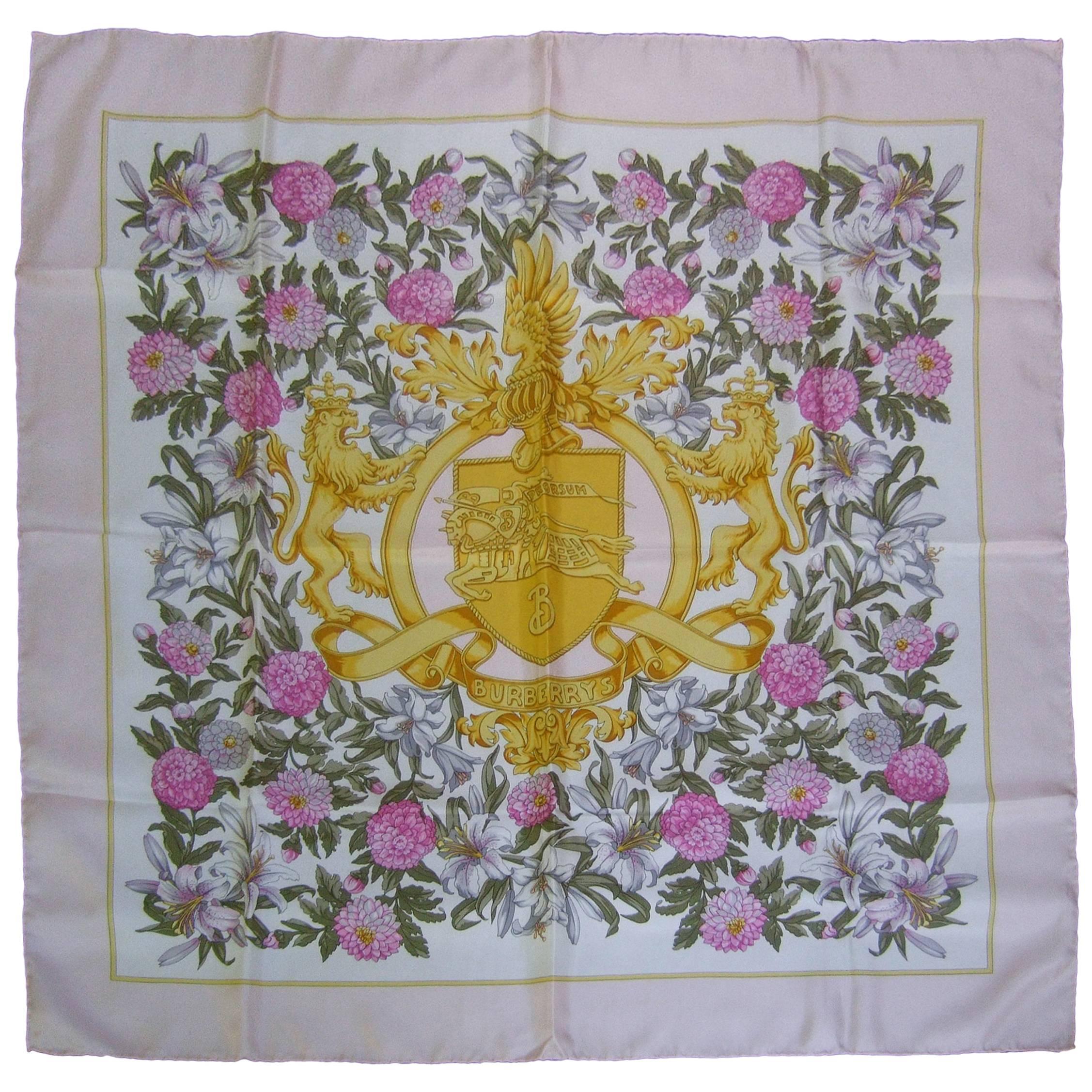 Burberry's Regal Lions Silk Floral Scarf c 1990