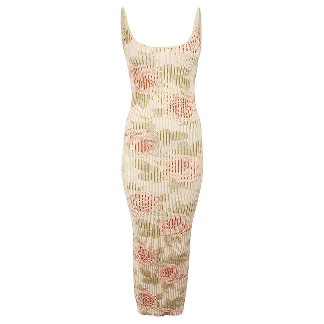 Paco Rabanne 2019 Beige Floral Knit Midi Dress Size L For Sale