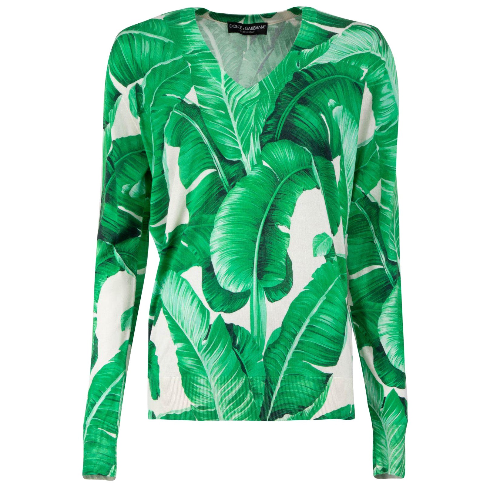 Dolce & Gabbana Green Silk Leaf Print Knit Jumper Size XS For Sale