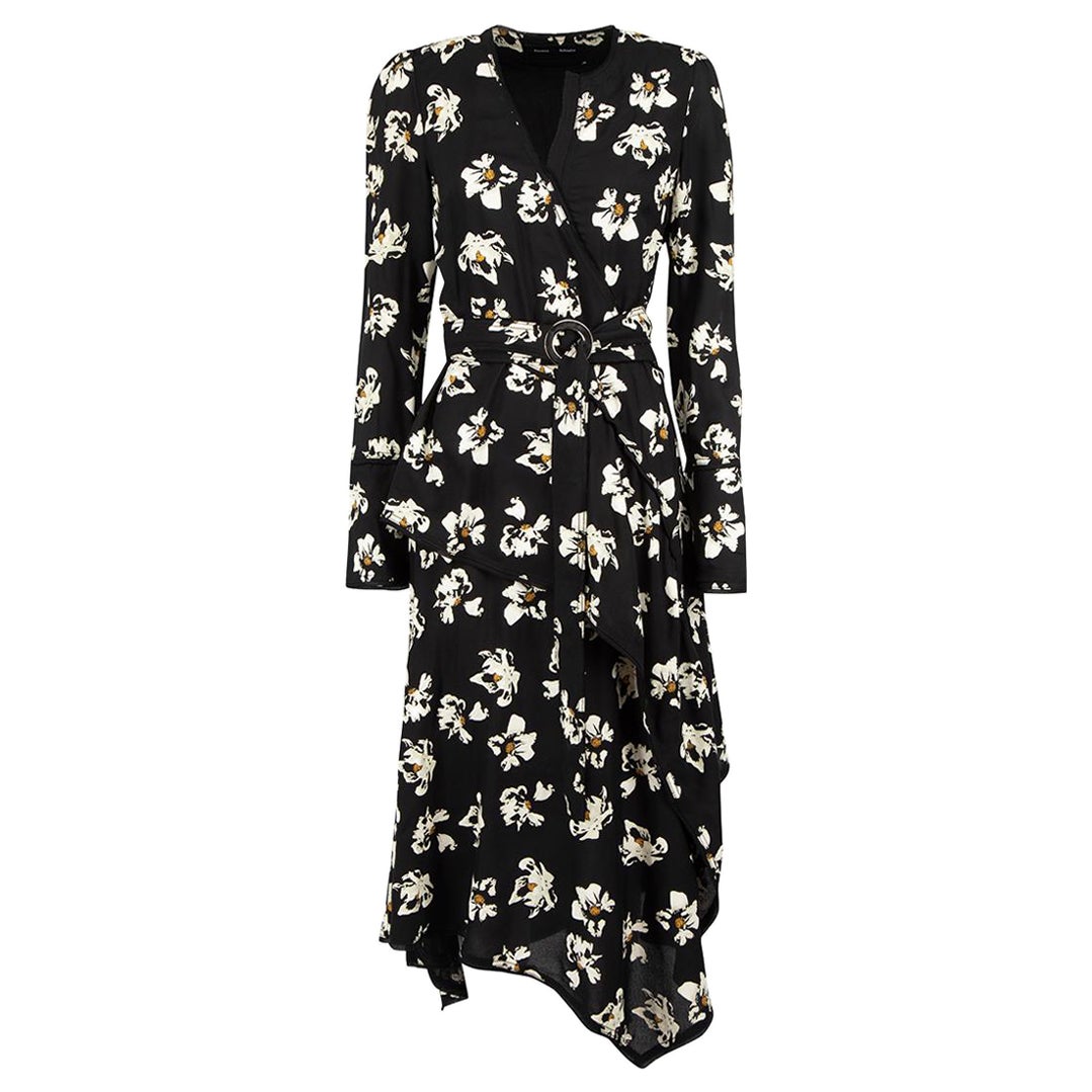 Proenza Schouler Black Floral Belted Midi Dress Size S For Sale