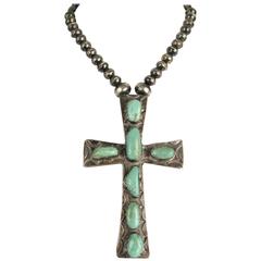 Spectacular OLD Pawn 4" Sterling Silver Navajo Turquoise Cross w Beaded Chain 