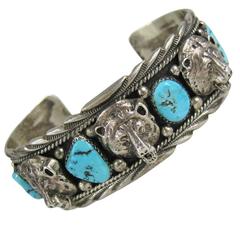 Vintage Sleeping Beauty Sterling Silver Navajo Bear Head Turquoise Cuff Bracelet 7