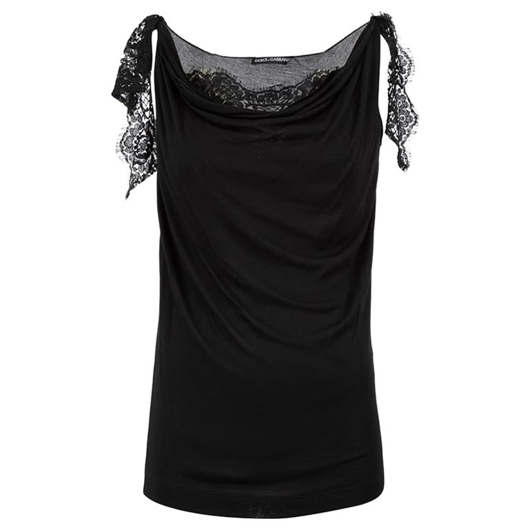 Dolce & Gabbana Black Cowl Neck Lace Trim Tank Top Size XS For Sale
