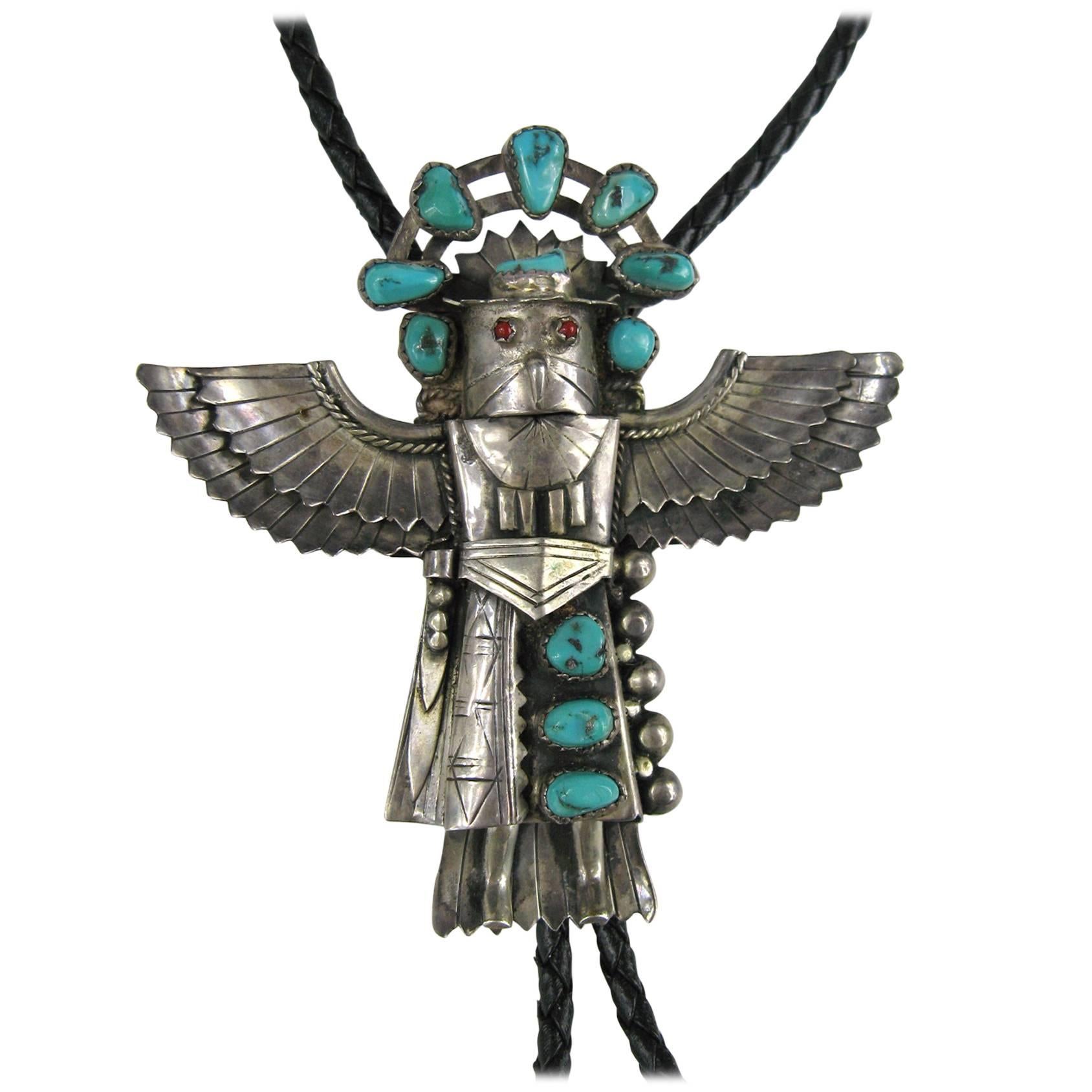 Pawn Vintage NAVAJO KACHINA Thunderbird Turquoise Sterling Bolo Tie