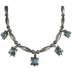 Native American Sterling Silver Turquoise Turtle Fetish Necklace Old Pawn 12