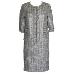 St. John Couture Skirt Suit Gray Tweed 3/4 Length Sleeve Chain Detail 6 