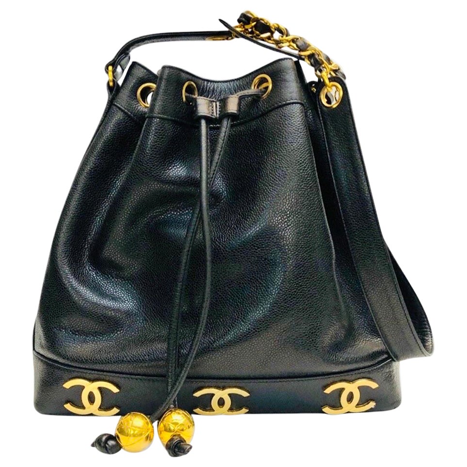 Chanel Black Caviar CC Drawstring Bucket Bag  For Sale