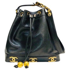 Retro Chanel Black Caviar CC Drawstring Bucket Bag 