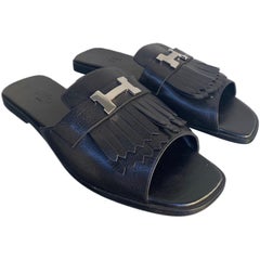 Hermes Auteuil black leather flat sandals