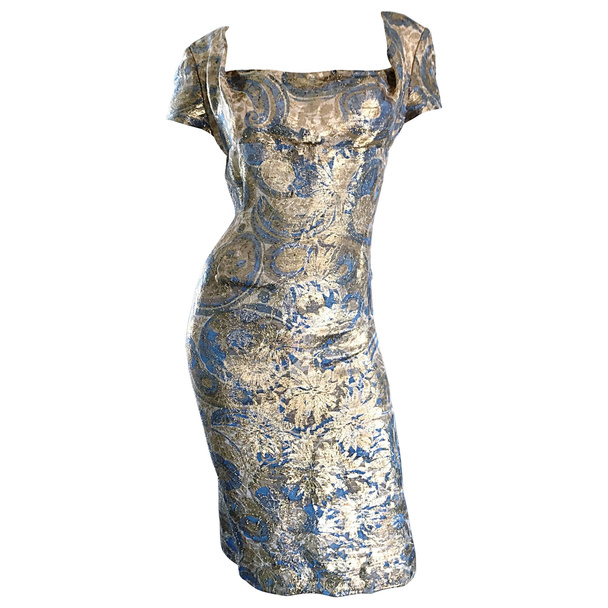 1950s Peggy Barton Couture Larger Size Gold + Blue Silk Brocade 50s Wiggle Dress