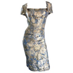 Vintage 1950s Peggy Barton Couture Larger Size Gold + Blue Silk Brocade 50s Wiggle Dress