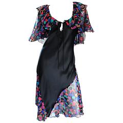 Bob Mackie Vintage 1980s Boho Colorful Black Semi Sheer Back Ruffle 80s Dress 12